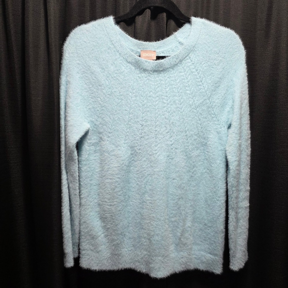 Chicos Light Blue Eyelash Knit Sweater Fuzzy Pointelle Pullover Size 0/ Small